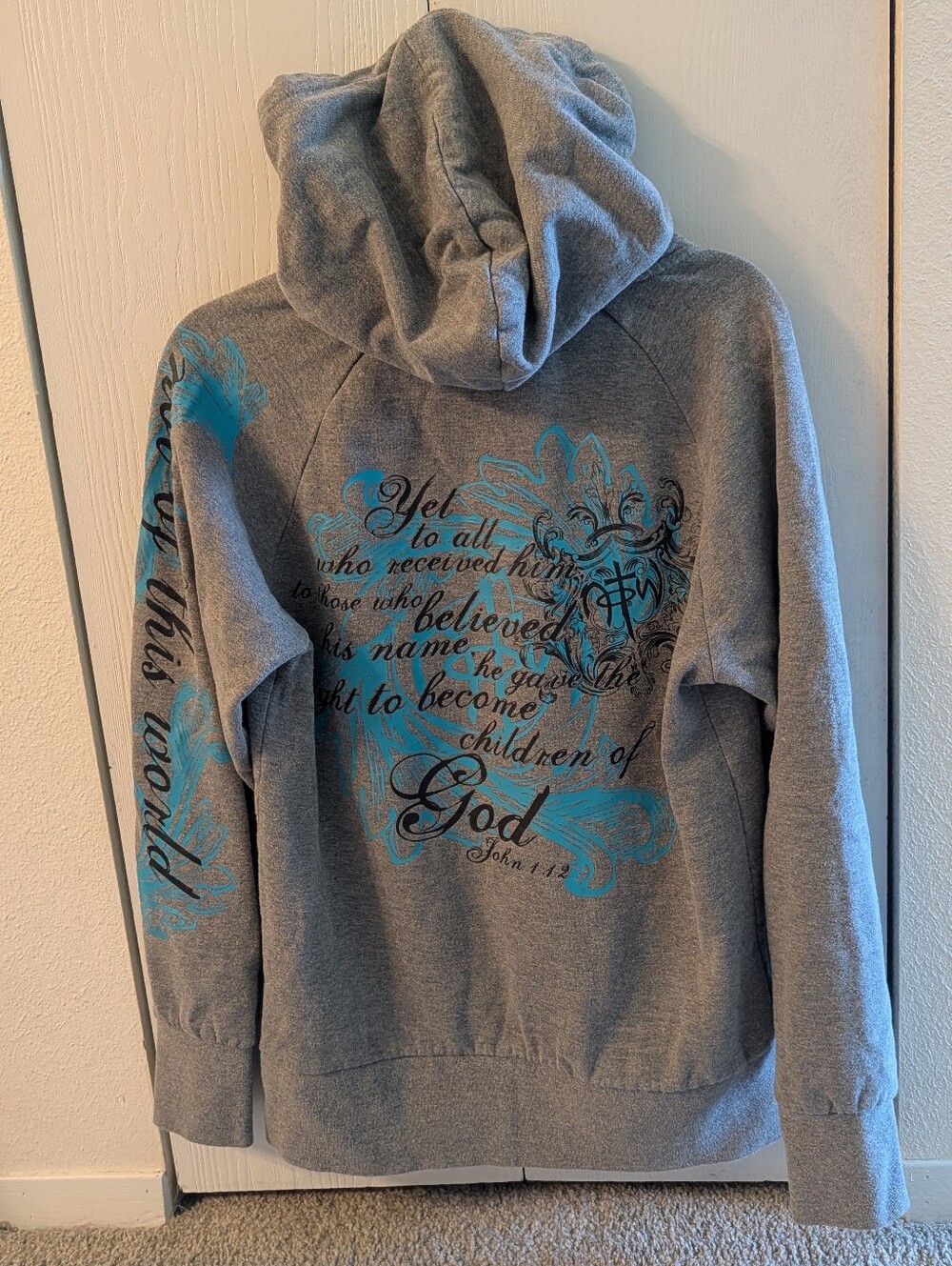 Gray Graphic Hooded Sweater with Blue Bible Quote Script - Religion - Christian